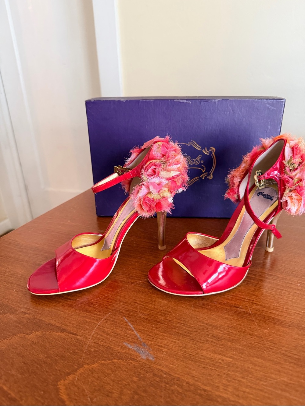 Hale Bob Red Patent High Heel Sandals with Floral Ankle Detail